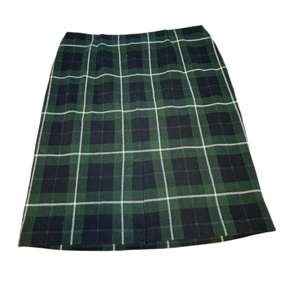 J.JILL PLAID SOFT SPANDEX STRETCH LINED MINI SKIRT BLACK DARK GREEN, SIZE L